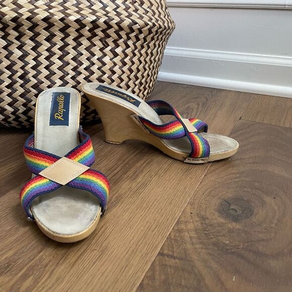 Vintage 70s 80s Rapallo Rainbow Wedge Mules Heels 7 38 - Picture 3 of 13